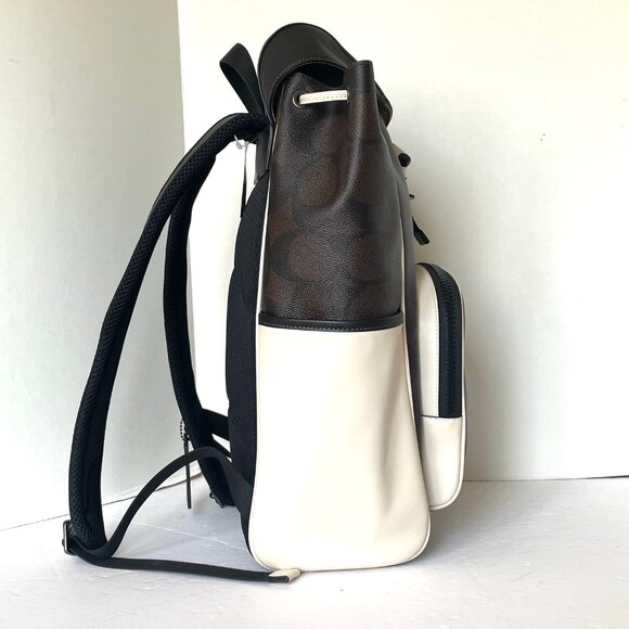 Coach Racer Backpack CY775 Blocked Signature Canvas Leather Walnut Chalk - Picture 6 of 10